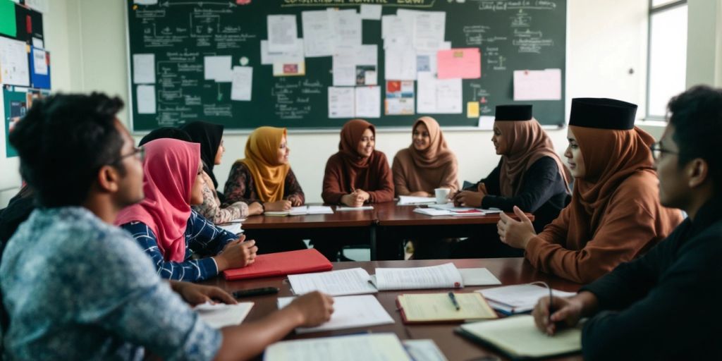 Siswa berdiskusi tentang hukum tata negara di kelas.