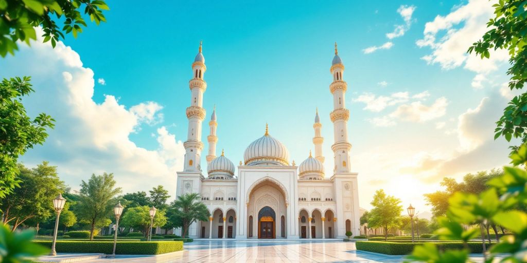 Masjid yang dikelilingi pepohonan hijau dan tenang.