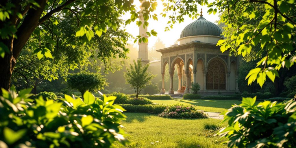 Masjid tenang dikelilingi pepohonan hijau dan cahaya.