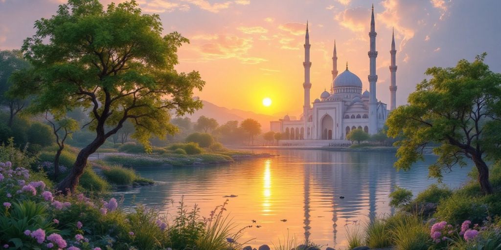 Masjid tenang di latar belakang matahari terbenam.