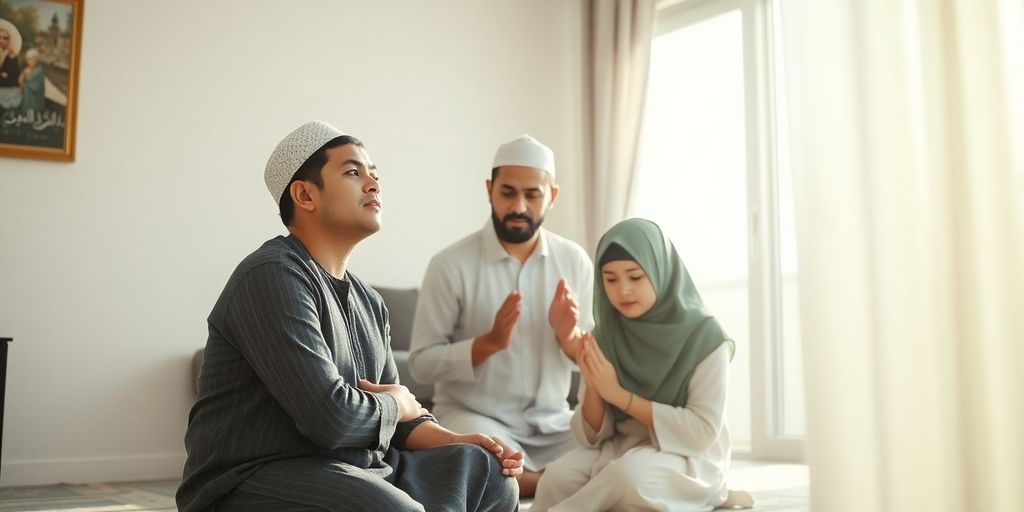 Keluarga berdoa bersama di rumah dengan suasana tenang.